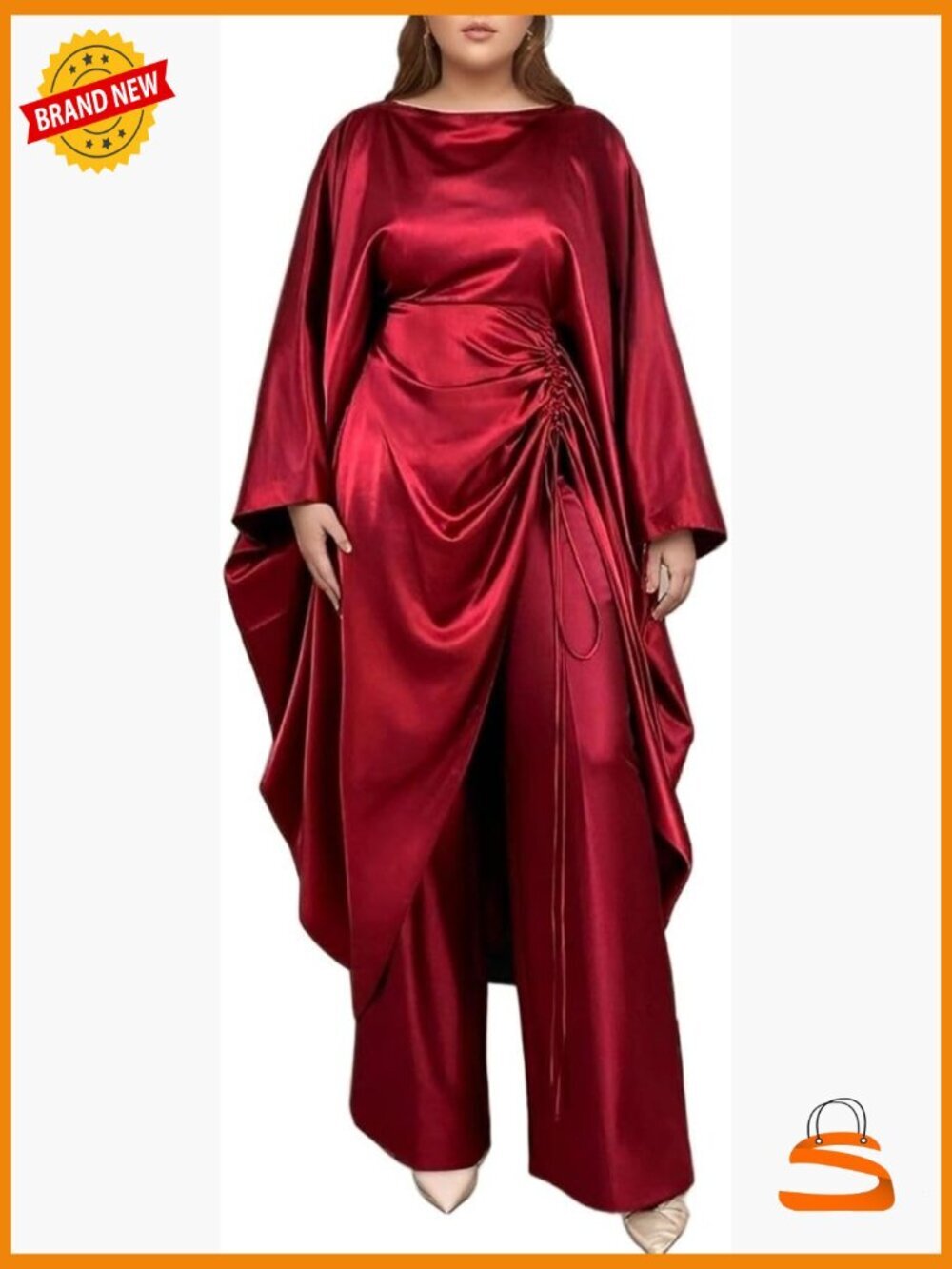 Satin Two Piece Pants Set Batwing Sleeves Split Shirring Top Long Pants Suit